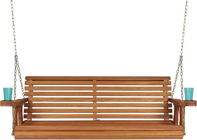 Amish Casual 5 Foot Roll Back Heavy Duty Wooden Porch Swing with Cup Holders in Cedar Stain - Amish Made in The USA from Treated Pine, Outdoor Hanging Bench Swing with 700 Lb. Weight Capacity by GreenHaven Gardens
