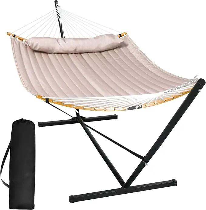 SUNCREAT 55 Inch Large Double Hammock with Stand, 450lbs Capacity, Outdoor Portable Hammock with Curved Spreader Bar, Extra Large Pillow, Tan by GreenHaven Gardens