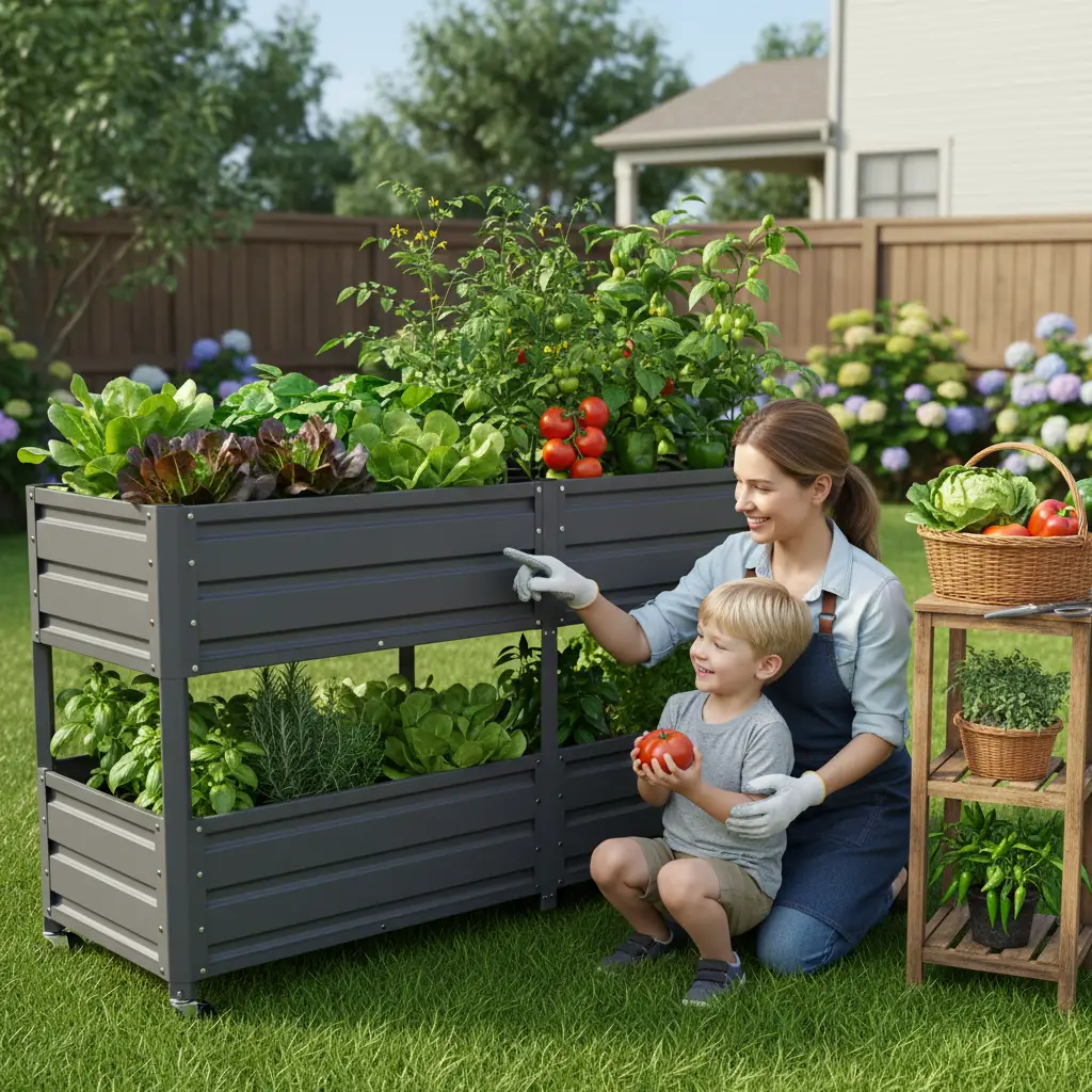 Dual Tier Elevated Metal Raised Garden Bed with Lockable Wheels by HouseOfZazla