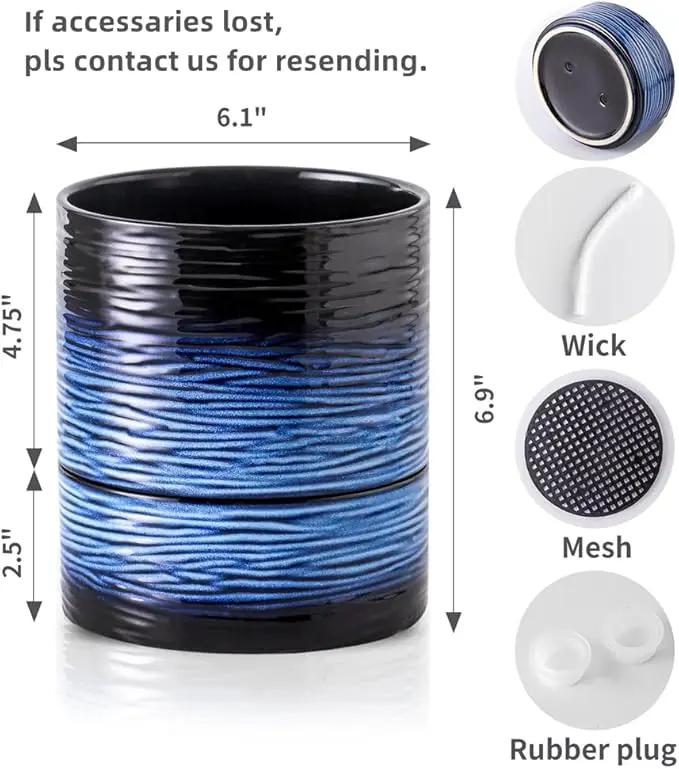 Nihow Self Watering Plant Pot: 6 Inch Ceramic Planter with Drainage Hole & Water Storage Plus for Indoor & Outdoor Plants - Cylinder Round Flower Pot for Succulent/Herbs/Violets - Black & Vivid Blue by GreenHaven Gardens