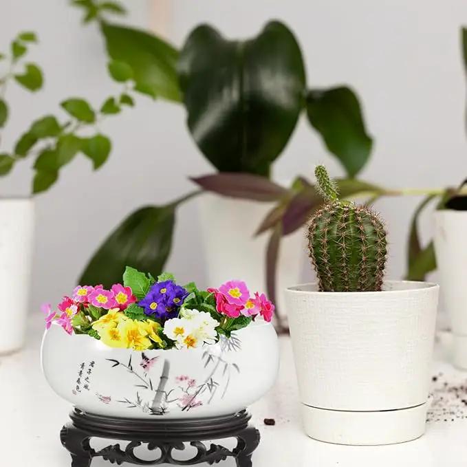 Ceramic Chinese Pot with Base Hydroponic Pot White Water Lily Bowl Ceramic Planter for Home Office Garden 7 Inch by GreenHaven Gardens