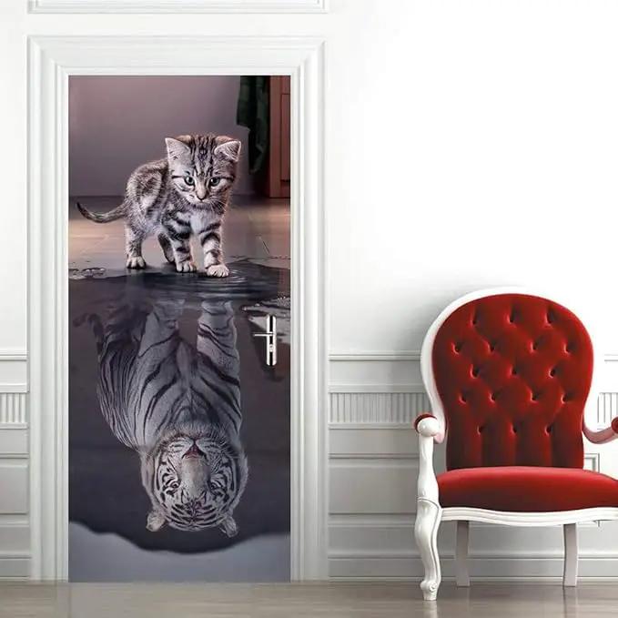 3D Door Stickers Murals Peel and Stick - Cat Becomes Tiger - Door Wallpaper Self-Adhesive Door Decals Removable PVC Waterproof Door Poster for Bedroom Living Room Door 31.5" x 78.7" by GreenHaven Gardens