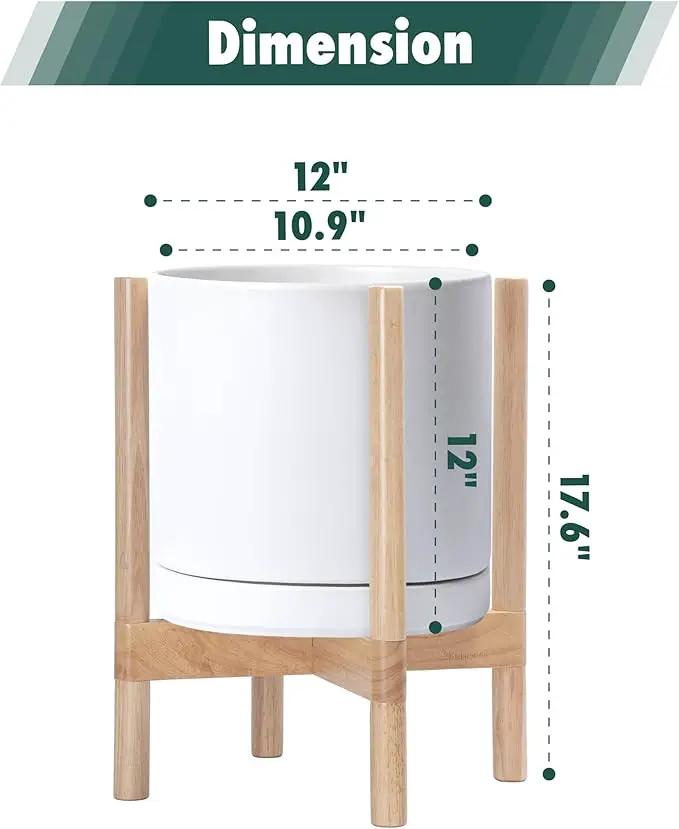 D'vine Dev Ceramic Planter with Natural Stand - 12 Inch Modern Round Flower Pot with Wood Planter Holder, White, 55-B-J-1 by GreenHaven Gardens