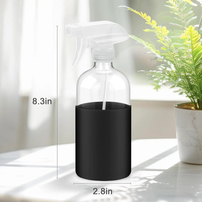 2 Pack Glass Spray Bottles with Long Silicone Sleeve, 16 oz Empty Refillable Containers with Adjustable Spray Nozzles, Spray Bottles for Hair, Cleaning Solutions and Plants 2 Pack Black by GreenHaven Gardens