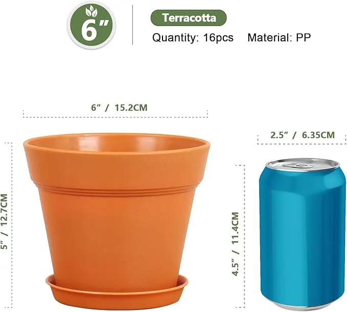 6 inch Small Plastic Nursery Pots, Seedling Pots, 16 Pack Plant Pots for Indoor Outdoor Plants, Flower Pots with Drainage Holes and Saucers, Decorative Planters for House Plants, Terracotta by GreenHaven Gardens