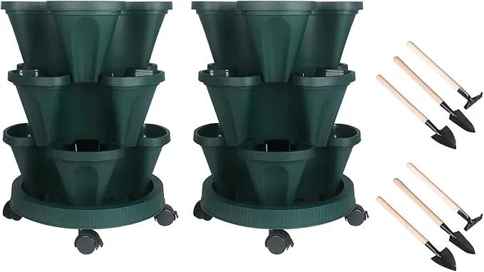 Vertical Planter 3 Tier Stackable Planters Garden Planters Strawberry Herb Flower and Vegetable Planter Indoor Outdoor Gardening Pots with Removable Wheels and Tools 2-Pack by GreenHaven Gardens