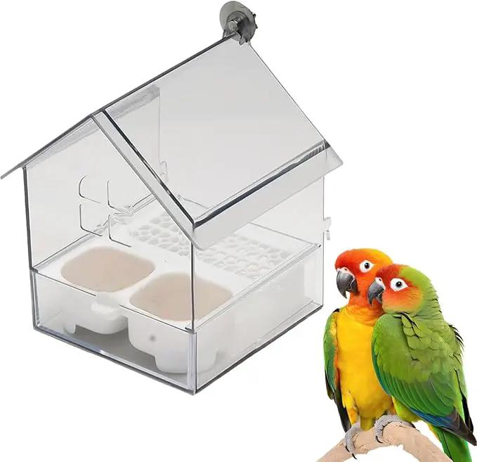 Ziveseller/Sowhathow Pull-Out External Parrot Feeder, Parrot Feeder Parakeet House Bird Bath Transparent Dish Water, Hanging Wild Bird Seed with Squirrel Proof Tray (White) by GreenHaven Gardens