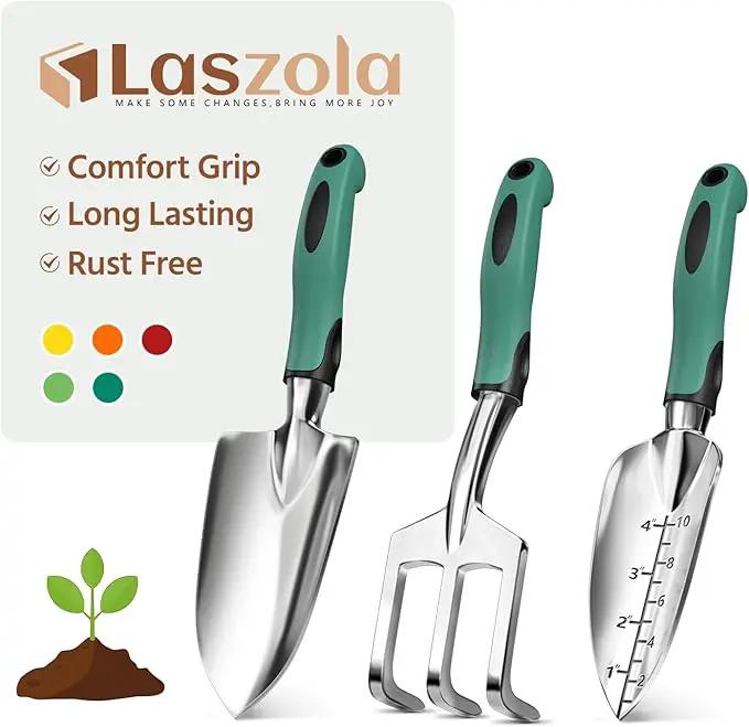LASZOLA 3 Piece Garden Tool Set Include Hand Trowel Rake and Transplant Shovel for Women, Indoor Heavy Duty Small Spade Kit with Ergonomic Handle to Weed and Loosen, for Mom and Plant Beginner, Teal by GreenHaven Gardens