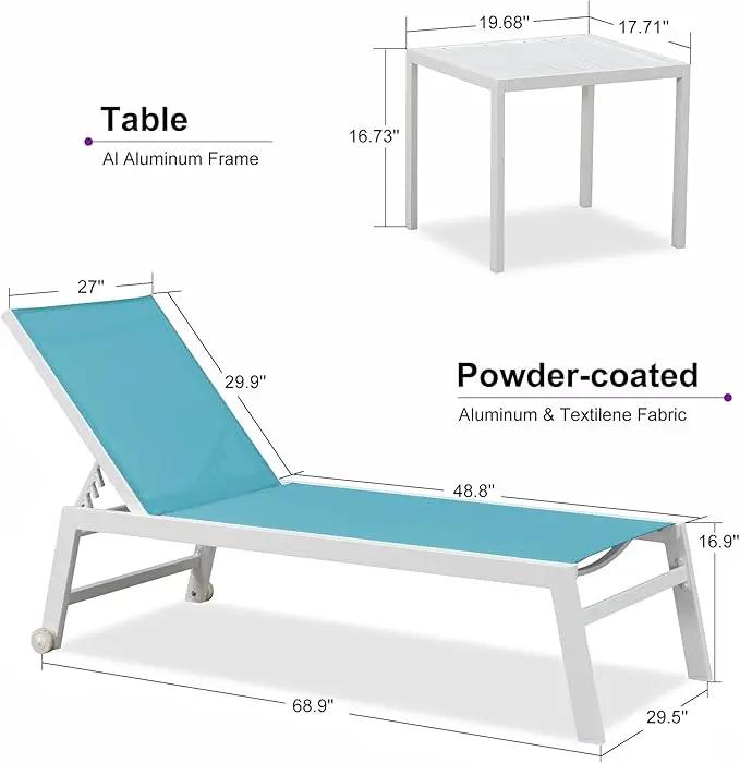 PURPLE LEAF Oversize Outdoor Chaise Lounge Set of 4 Outdoor White Aluminum Lounge Chairs with Side Table and Wheels Patio Lounge Chair for Yard Pool Deck, Turquoise by GreenHaven Gardens