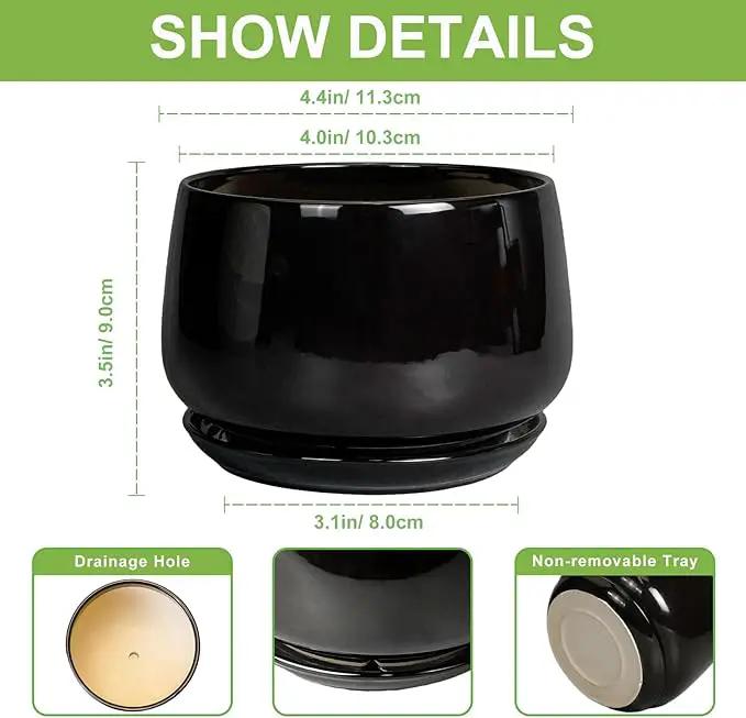 G EPGardening Small Ceramic Planter - 4 Inch Succulent Pots with Drainage Hole & Sacuer, Flower Pots for Indoor Outdoor Plants, Modern Decorative Round Planter, Room Decor, House Warming Gifts, Black by GreenHaven Gardens