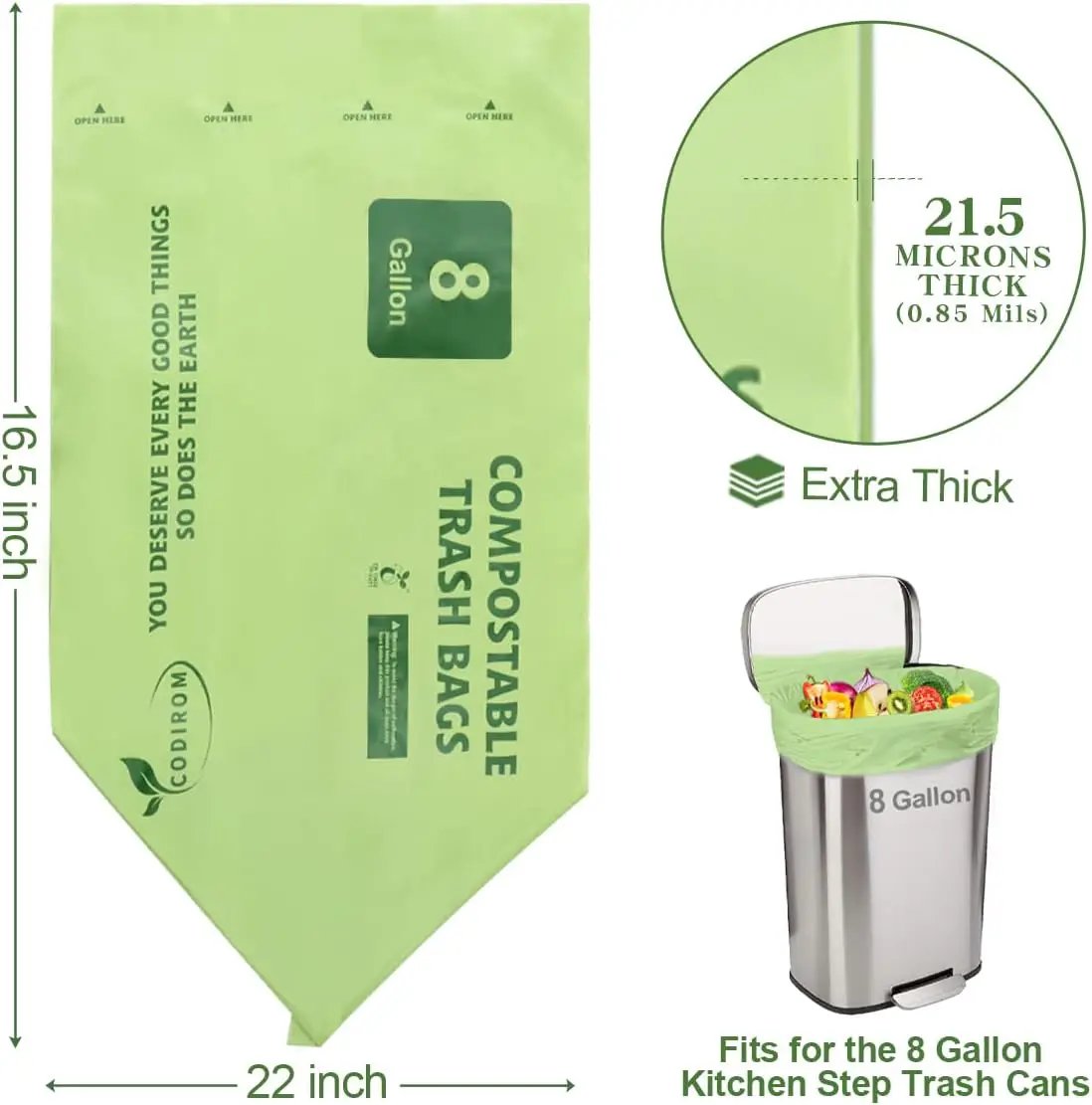 100% Compostable Trash Bags, 8 Gallon, 30 Liter, 0.85 Mils, 70 Count Large Kitchen Food Scrap Compost Bags for Kitchen Step Trash Cans with Europe EN13432 Certified by GreenHaven Gardens