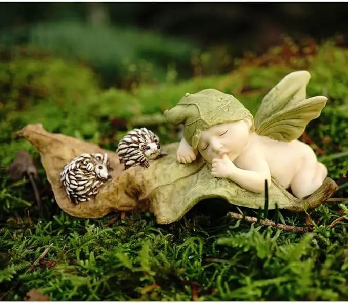 Top Collection Miniature Fairy Garden and Terrarium Statue, Sleeping Fairy Baby with Hedgehogs by GreenHaven Gardens