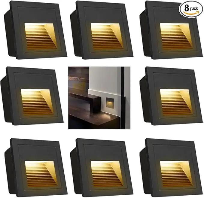 8Pack 3W LED Recessed Wall Light, 85-230V Step Lights Warm White 3000K, IP65 Waterproof Stair Light Staircase Light lamp, Inside Outside Garden Balcony Corridor, Aluminum, 120V,Black by GreenHaven Gardens