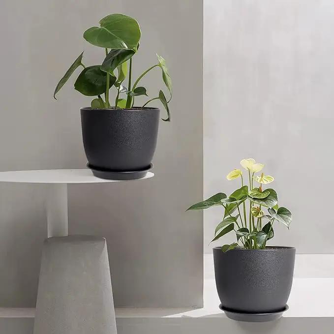 12/10/9 Large Modern Plant Pots, Plastic Planters with Drainage Holes and Saucers for Indoor Outdoor Plants Flowers, Black by GreenHaven Gardens