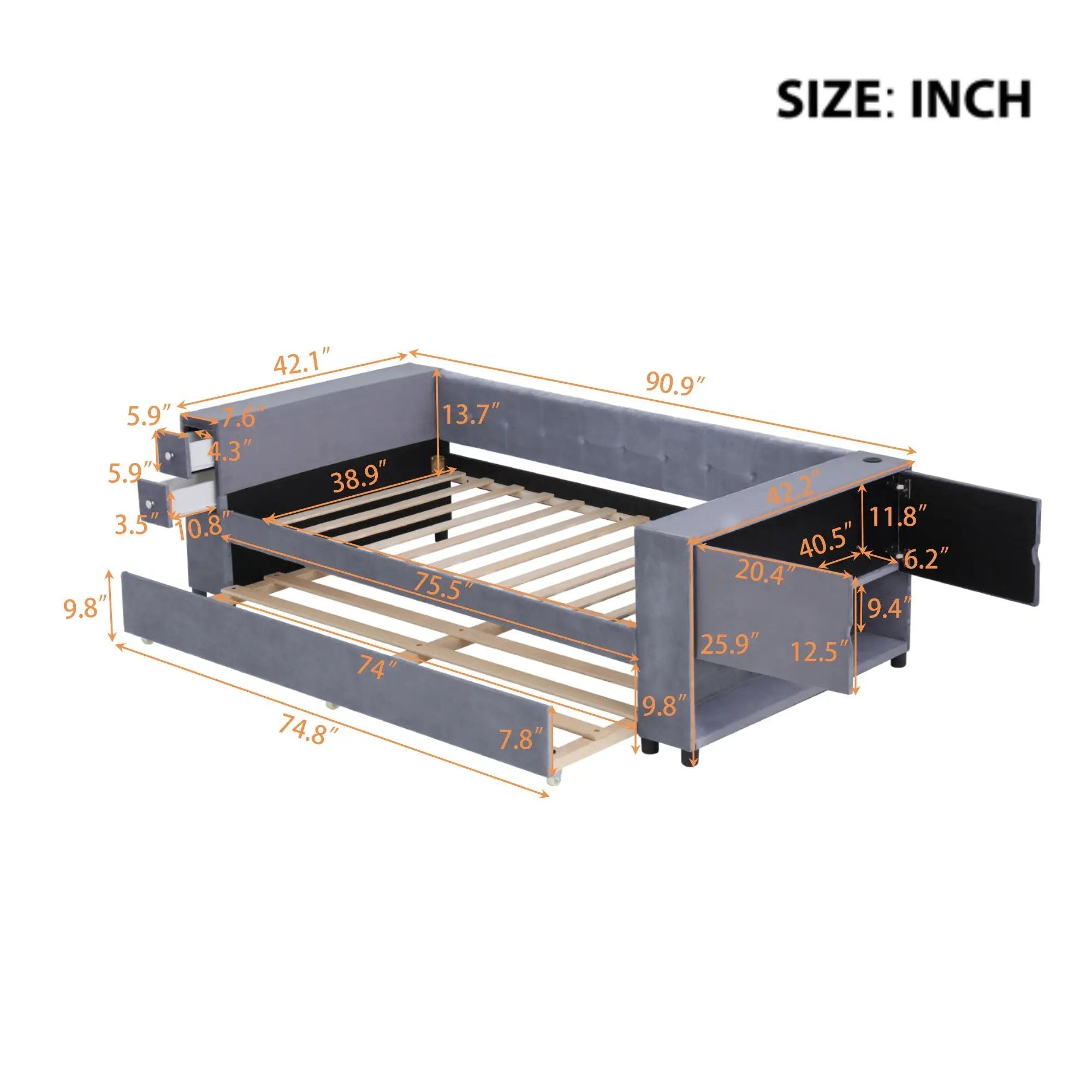 Upholstered Bed With Storage And Twin Trundle, USB Charging Ports by HouseOfZazla