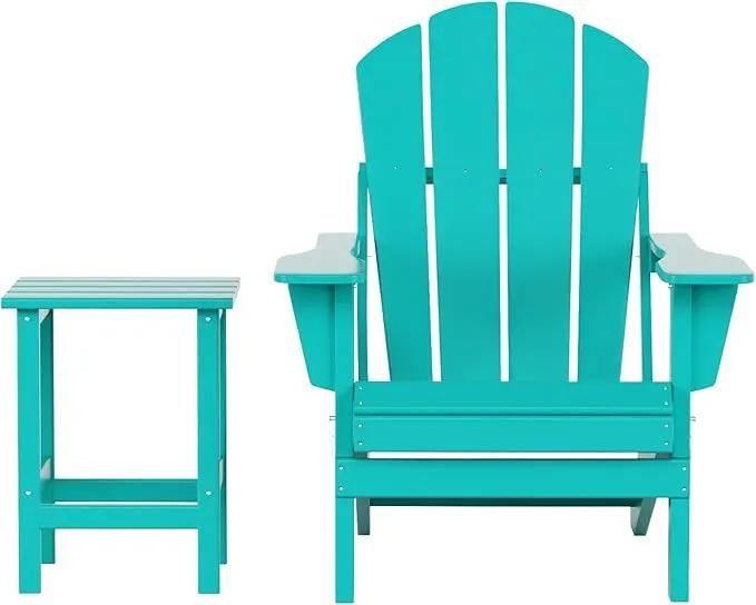 WO Home Furniture Adirondack Chair Table Set of 2 PCS Outdoor Folding Chair w Side Table Weather/UV Resistant for Lawn, Garden, Bon Fire, Balcony (Turquoise) by GreenHaven Gardens