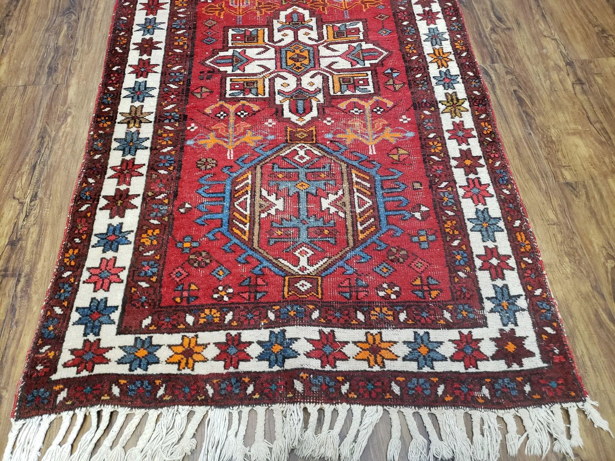 Antique Persian Heriz Karajeh Runner Rug 3x11, Hand-Knotted Red Geometric Medallions by Jewel Rugs