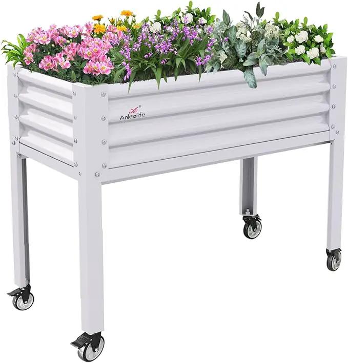 A ANLEOLIFE Galvanized Raised Garden Bed with Legs,48x24x35in Large Elevated Planter Box on Wheels with Drainage Holes for Backyard, Balcony, Patio, 600lb Capacity, Antique White by GreenHaven Gardens