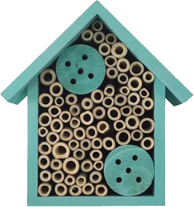Mason Bee Houses Outdoor Wooden Blue Bee Hotel for Garden and Yard Hand-Made Bamboo Bee Hive for Bees Butterflies and Ladybugs, Medium Size 8"x7.5"x5" by GreenHaven Gardens