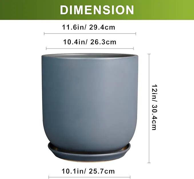 Pots for Plants 12 Inch - Ceramic Planter for Indoor Outdoor Plants Large Plant Pot with Drainage Hole and Saucer Outdoor Flower Pot Gray by GreenHaven Gardens