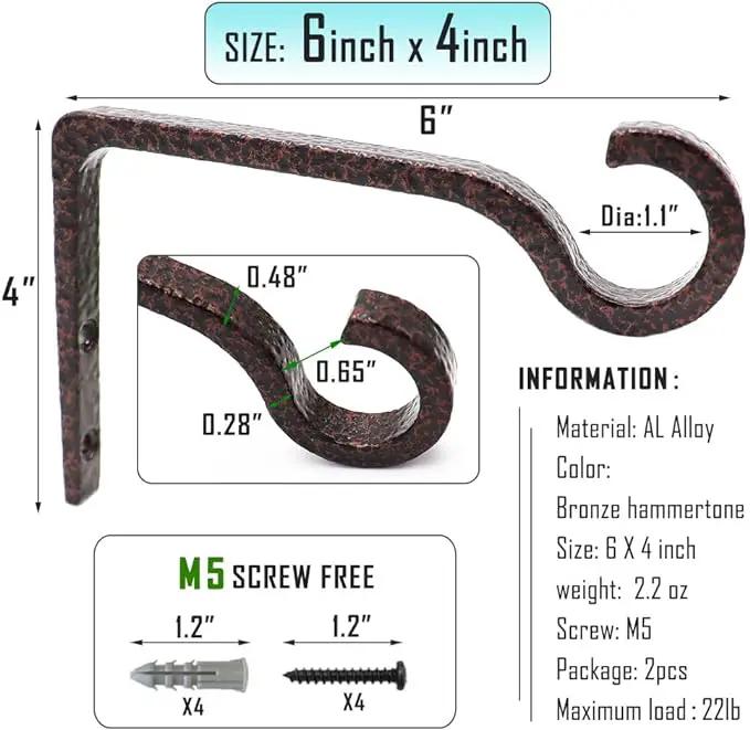 Hanging Plant Bracket 6inch Metal Plant Hook Shepherds Hook Decorative Wall Plant Hanger for Hanging Lanterns, Bird Feeder, Flower Basket Indoor & Outdoor (2, Bronze hammertone) by GreenHaven Gardens