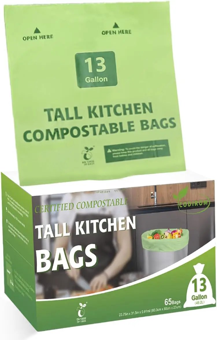 100% Compostable Trash Bags, 13 Gallon, 49.2 Liter, 0.91 Mils, 65 Count Kitchen Tall Food Scrap Compost Bags for Tall Kitchen Trash Cans with Europe EN13432 Certified by GreenHaven Gardens
