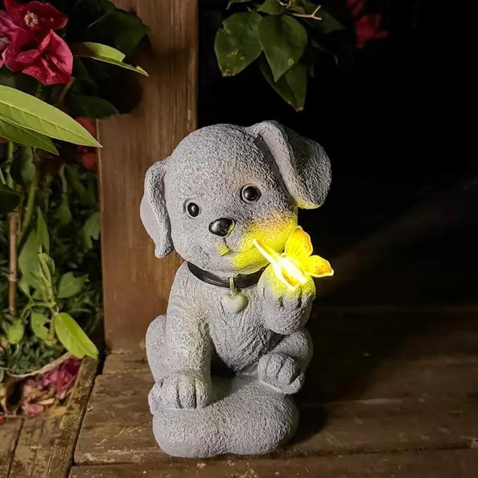 Solar Dog Statue Garden Decor with Butterfly Light – Waterproof Outdoor Yard Art for Patio, Lawn, Balcony for Patio, Balcony, Yard Ornament, Unique House Warming Garden Gifts Figurine Lights by GreenHaven Gardens