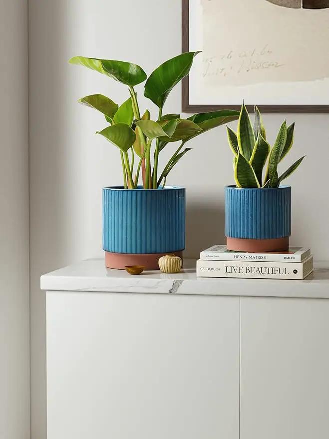LE TAUCI Ceramic Pots for Plants, 8+6.7+5.5 Inch Plant Pots Indoor, Flower Pot with Drainage Holes, Medium Cylinder Planters for Indoor House Plants, Set of 3, Blue by GreenHaven Gardens
