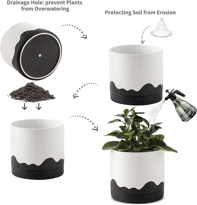 Nihow Ceramic Plant Pot: 8 Inch Planter with Drainage Hole & Saucer for Indoor & Outdoor Plants - Cylinder Round Flower Pot for Succulent/Herbs/Violets - White & Wave Black by GreenHaven Gardens