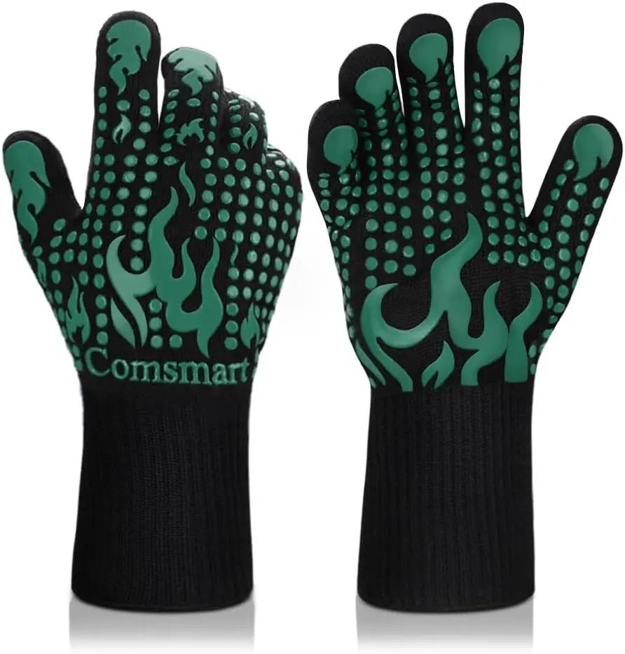 Comsmart BBQ Gloves, 1472°F Heat Resistant Grilling Gloves Silicone Non-Slip Oven Gloves Long Kitchen Gloves for Barbecue, Cooking, Baking, Short, Green by GreenHaven Gardens