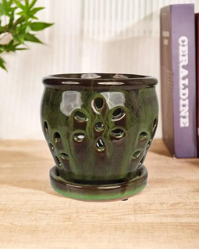 vensovo 5 Inch Ceramic Orchid Pots with Holes and Saucers - 1 Pcs Small Succulent Pot for Repotting, Garden Flowerpots for Plants Indoor and Outdoor Promotes Air Circulation, Yellow Mixed Brown by GreenHaven Gardens