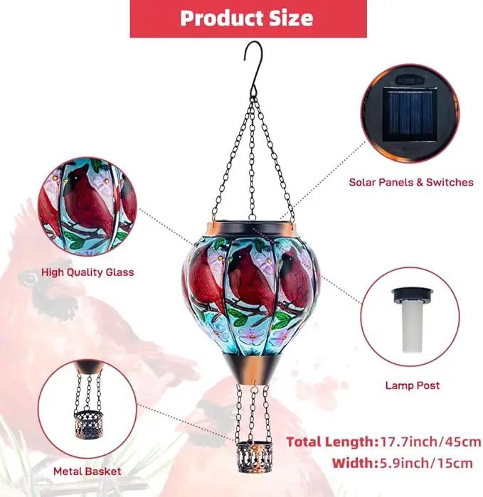 DREAMSOUL 2PCS Cardinal Hot Air Balloon Solar Lantern, Hanging Glass Solar Lanterns Outdoor Waterproof for Yard Party Gift by GreenHaven Gardens