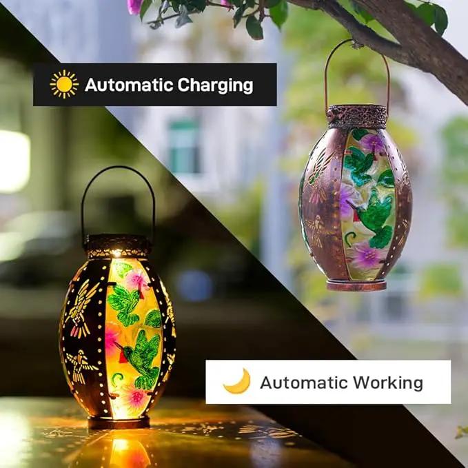 Starsoul Hummingbird Solar Lantern Stained Glass & Metal Outdoor Lantern Waterproof Hummingbird Hanging Metal Decorative Lights for Patio Table Garden Pathway Yard by GreenHaven Gardens