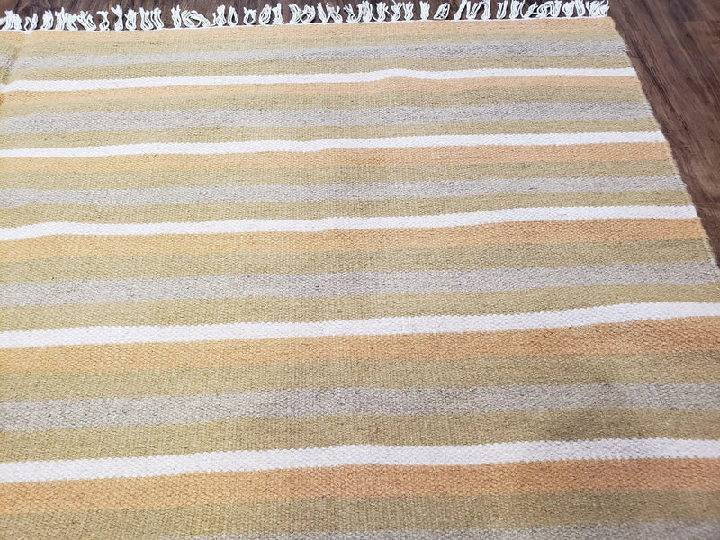 New Indian Kilim Area Rug, 6x8 - 7x8 South American Style Blanket, Striped Indian Wool Hand-Woven Flat Weave 6x9 Bedroom Rug, Ivory Ochre by Jewel Rugs