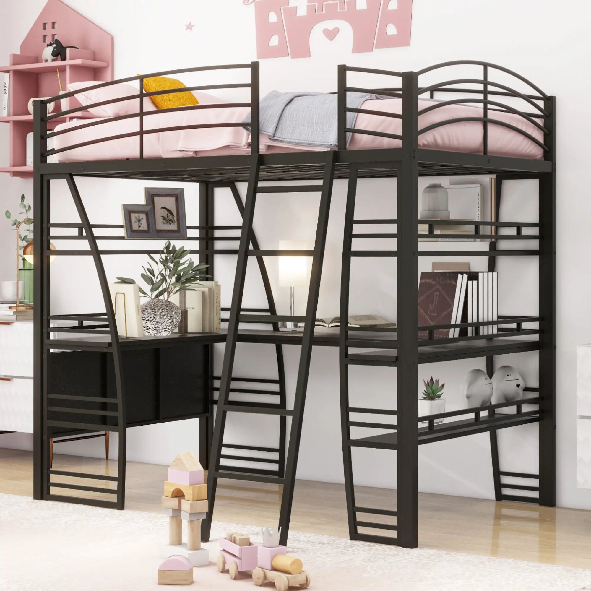 Loft Bed With 4 Layers Of Shelves And L-Shaped Desk, Stylish Metal Frame Bed With A Set Of Sockets, USB Ports And And Wireless Charging by Unique Piece Furniture