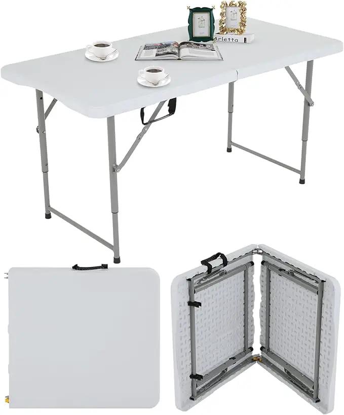 4FT Folding Table, Height Adjustable Table, Heavy Duty Plastic Tables Portable Fold-in-Half Utility Table w/Handle & Lock for Camping BBQ Party Banquet Wedding Market Events, 330LBS by GreenHaven Gardens