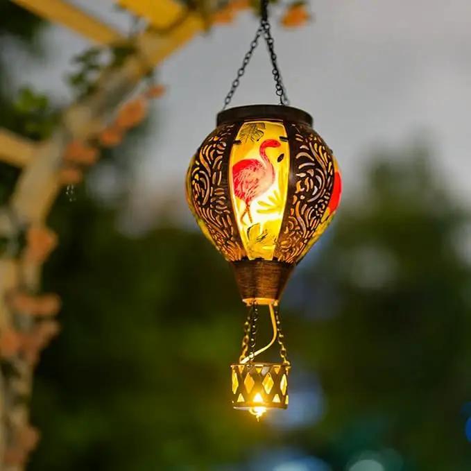 Flamingo Hot Air Balloon Solar Lanterns Outdoor Waterproof,Metal Garden Decor Solar Hot Air Balloon Lantern with Flame Flickering Lights for Patio,Porch,Yard Decor Mother Day Gifts for Women by GreenHaven Gardens