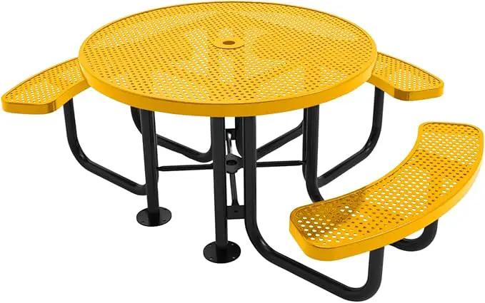 Heavy-Duty Portable Outdoor Picnic Table with Umbrella Hole, Punched Steel Patio Dining Furniture Made in America (46" Round Top, Yellow) by GreenHaven Gardens