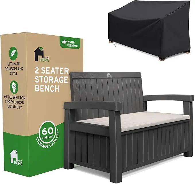 EconoHome 2 Seat Outdoor Storage Bench with Rain Cover - 60 Gallon Capacity - Weatherproof Resin Bench for Patio, Porch, Garden, Yard, Pool Area - Furniture for Pool Accessories, Gardening Tools by GreenHaven Gardens