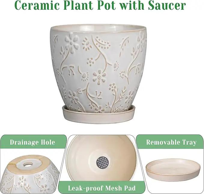 6 Inch Ceramic Plant Pot for Indoor Plants Outdoor Round Planter Flower Pot with Drainage Hole and Saucer for Home Garden Office Decor White by GreenHaven Gardens