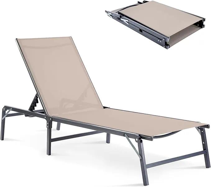 Outdoor Chaise Lounge Chair, Foldable & Assemble-Free, 6 Adjustable Positions, Durable Rust-Resistant Frame, Portable Outdoor Pool Lounge Chairs for Pool Patio Beach, Khaki by GreenHaven Gardens