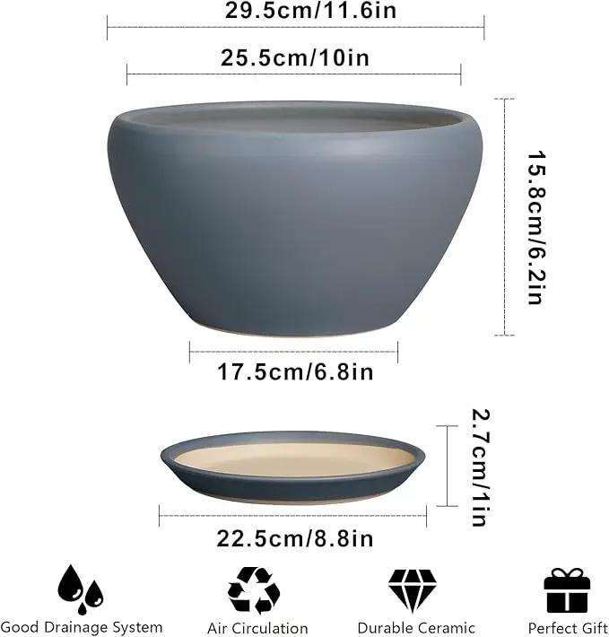 Ceramic Plant Pot - 11 Inch Planter for Indoor Plants Large Plant Pot with Drainage Hole and Saucer Round Outdoor Planter Modern Flower Pot for Home Decor Gray by GreenHaven Gardens