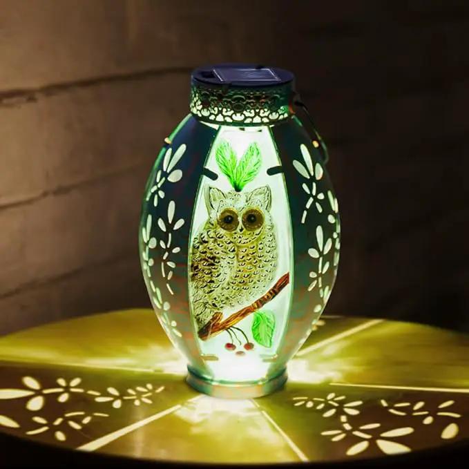Starsoul Owl Outdoor Solar Lantern Waterproof Metal & Stained Glass Owl Lamp Lights for Yard Patio Garden Tabletop Pathway Decor Gifts for Woman by GreenHaven Gardens