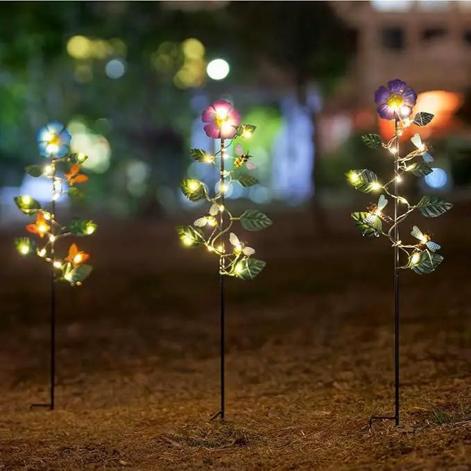 Set of 3 Solar Garden Lights,23'' H Flowers＆Insect Decorative Garden Stakes,Waterproof Metal Spring Yard Art Decor,Solar Stake Lights for Outside,Lawn,Yard,Patio by GreenHaven Gardens