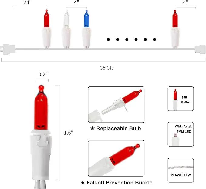 Red White and Blue Christmas LED Lights - 2 Pack 100 Count 4th of July Mini String Lights for Tree, Party, Memorial Day Decorations, 2 Sets 33 Feet White Wire, UL Certified, Connectable by GreenHaven Gardens