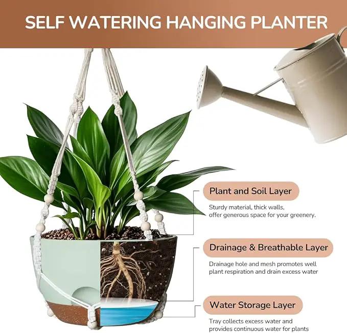 12 Inch Hanging Baskets for Plants Outdoor, Hanging Planters for Indoor Outdoor Plants, Hanging Planter with Self Watering, Hanging Flower Pots (Green Planter with Macrame + Iron Hangers) by GreenHaven Gardens