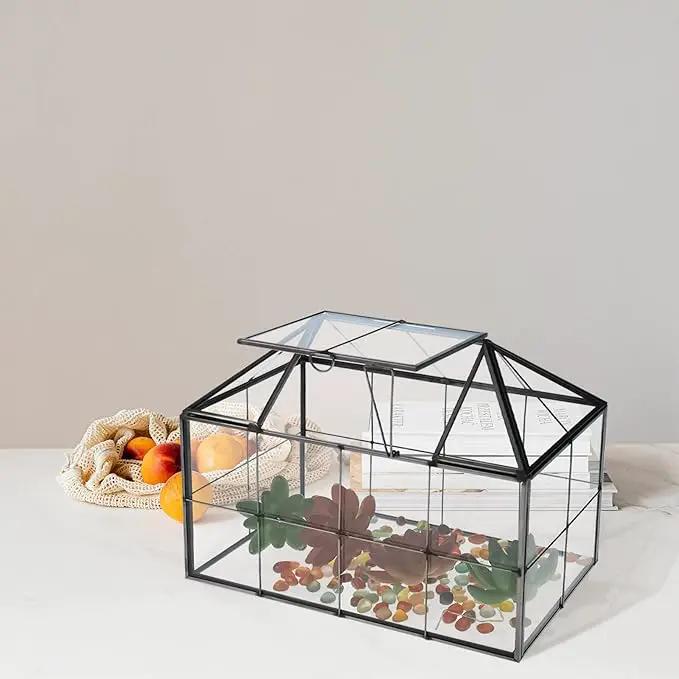 HighFree Geometric Terrarium Planter with Swing Lid, House Shape Black Handmade Glass Box, Vintage Tabletop Miniature Terrarium, for Succulent, Cacti, Air Plants (Not Watertight - 9.2x5.5x7.3 inch) by GreenHaven Gardens