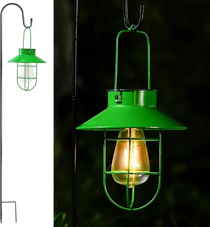 Solar Lights Lantern Lamp with Shepherd Hook, Solar Metal Lanterns, Outdoor Lights Decor,Edison Bulb Lights for Garden ,Outside Decor for Pathways,Patio, Lawn, or Landscaping(Green) by GreenHaven Gardens