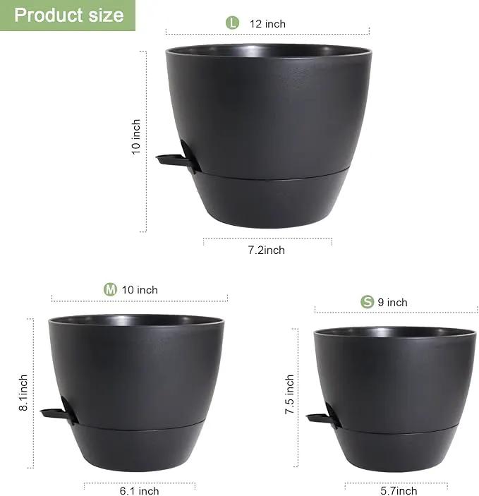 12/10/9 inch Large Self Watering Pots, Planter, Plant Pots with Mesh Drainage Holes for Indoor Outdoor Garden Plants, Plastic Flower Pots with Removable Deep Reservoir, Black by GreenHaven Gardens