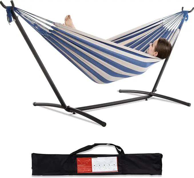 PNAEUT Double Hammocks with Stand for Outside, Portable Space Saving Heavy-Duty Steel Stand for Indoor Outdoor Patio with Carrying Bag, 450 lbs Capacity (Sky) by GreenHaven Gardens